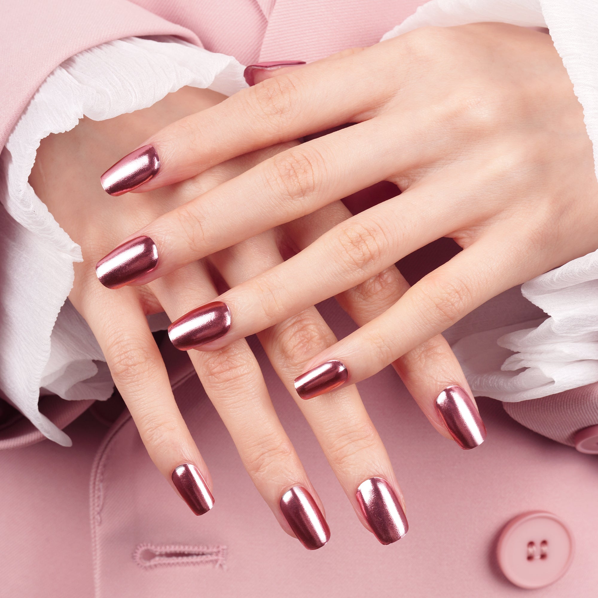 Luxurious Metallic Rose Gold Semi Cured Gel Nail Strips | Mirror Blush - 2576
