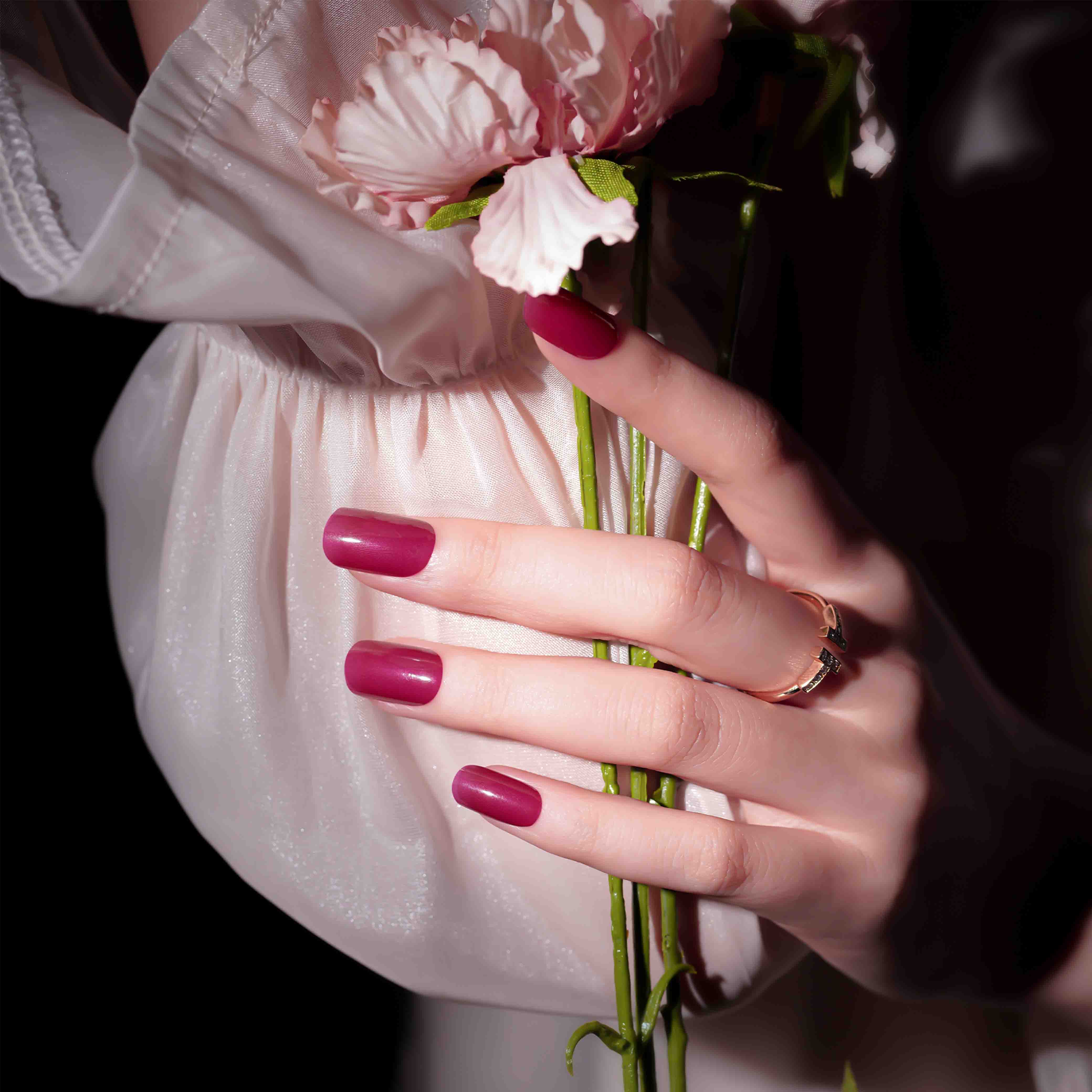 Elegant Burgundy Gloss Semi Cured Gel Nail Strips | Rosy Embrace - 2386