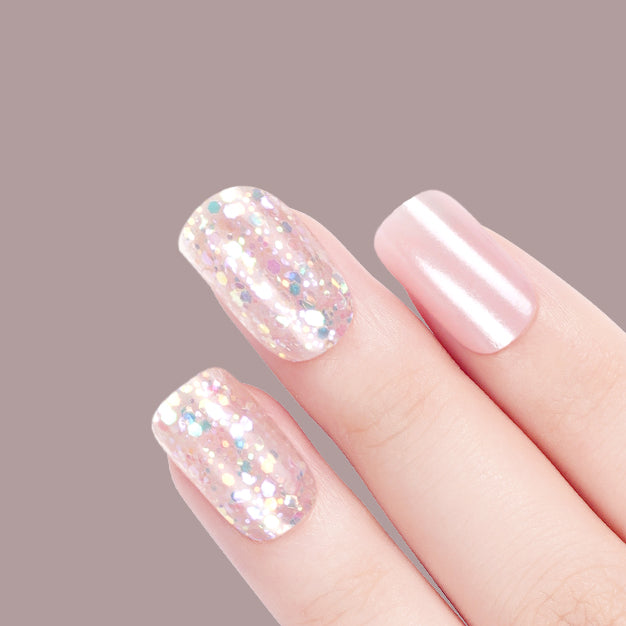 Soft Pink Pearl & Glitter Semi Cured Gel Nail Strips | Diamond Rush - 2428