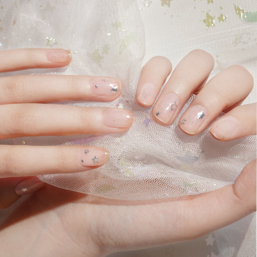 Whimsical Starry Sheer Semi Cured Gel Nail Strips with Silver Accents | Glee - 2468