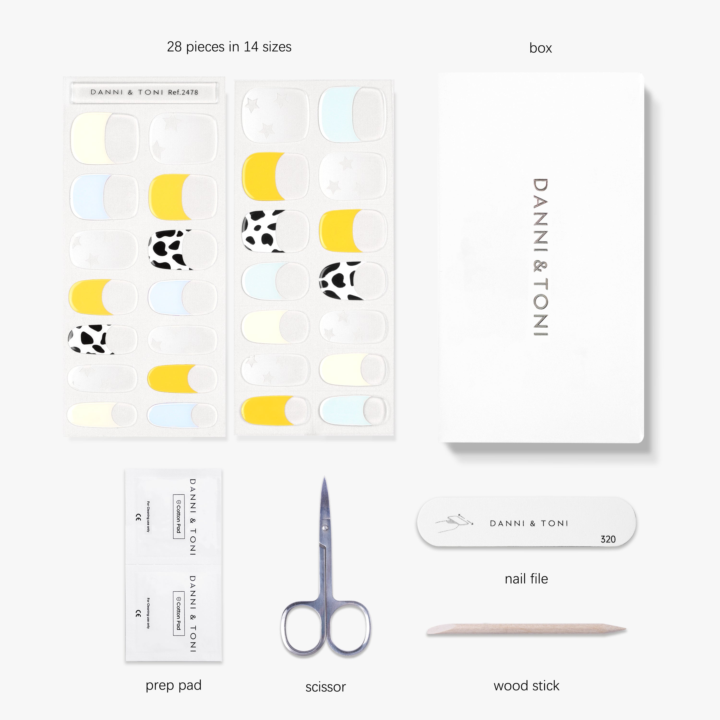 Chic Playful French Tip Semi-Cured Nail Strips with Cow Print Accent | Cosmic Mosaic - 2478