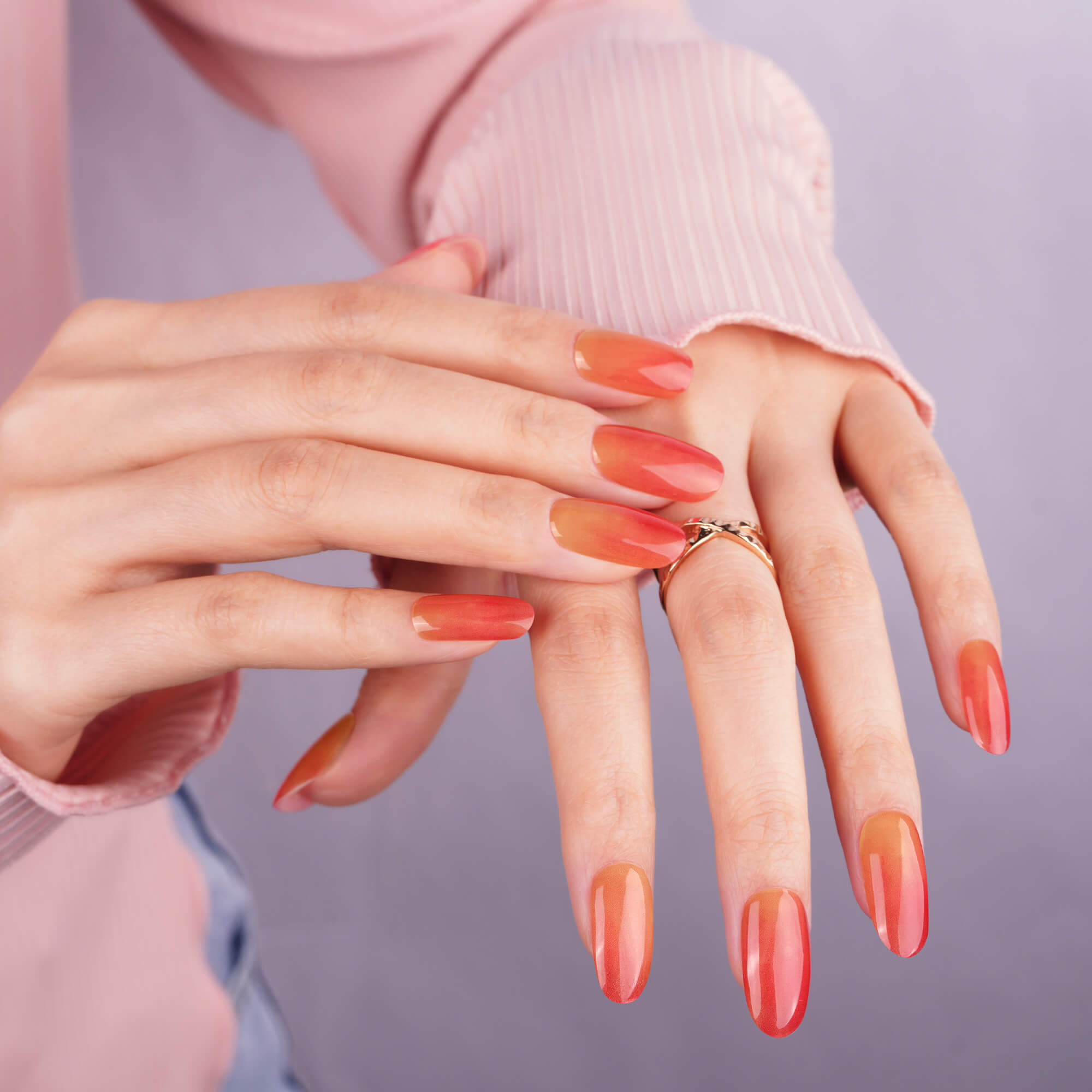 Red & Peach Cat-Eye Semi-Cured Gel Nail Strips | Apple Veil - 2715