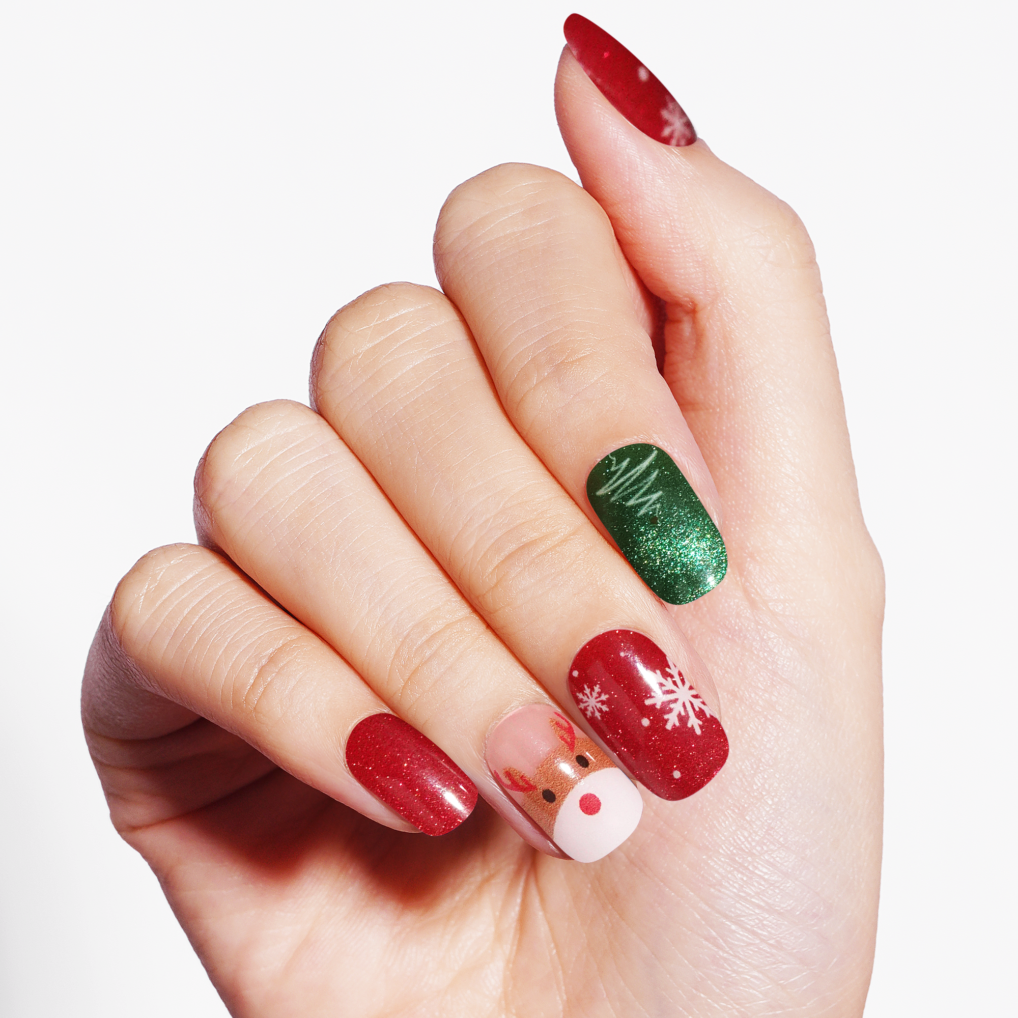 Holiday Red Gel Nail Strips with Cute White Cat & Festive Designs | Mi