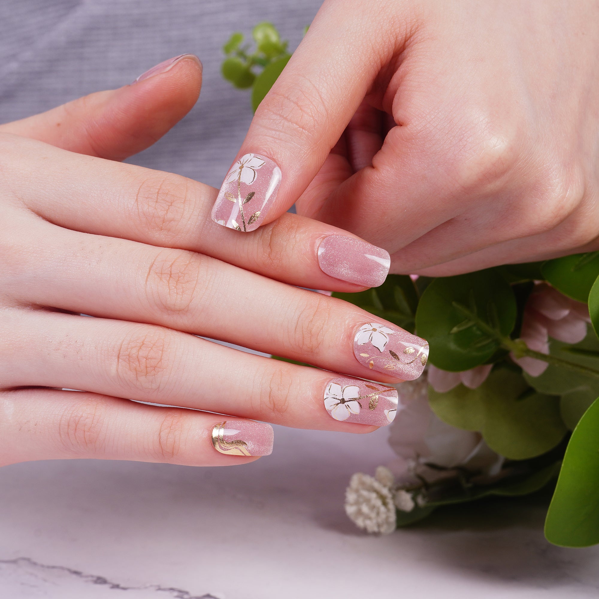Romantic Floral Pink Gel Nail Strips with Soft Elegant Shine | Floral Grace-2894