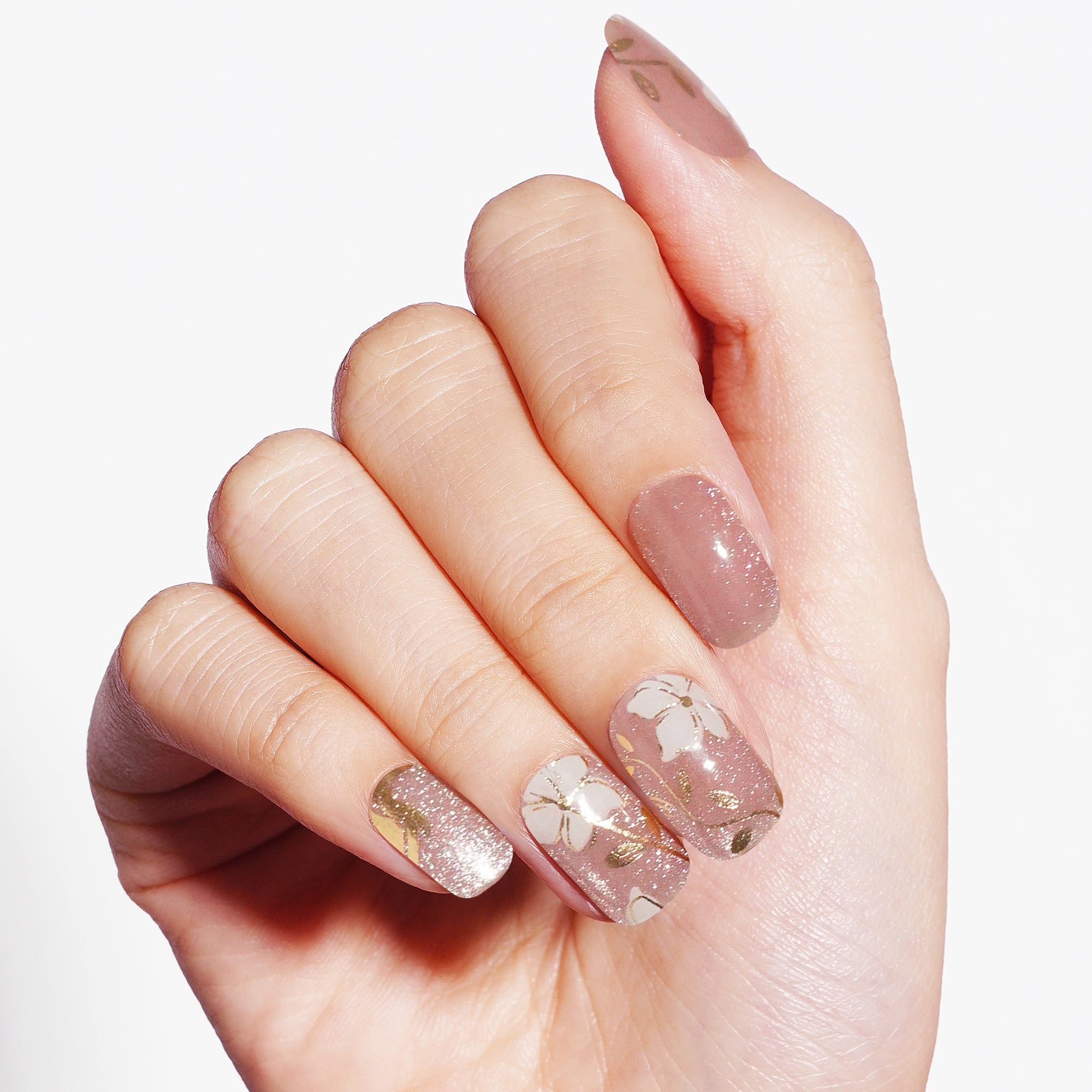 Romantic Floral Pink Gel Nail Strips with Soft Elegant Shine | Floral Grace-2894