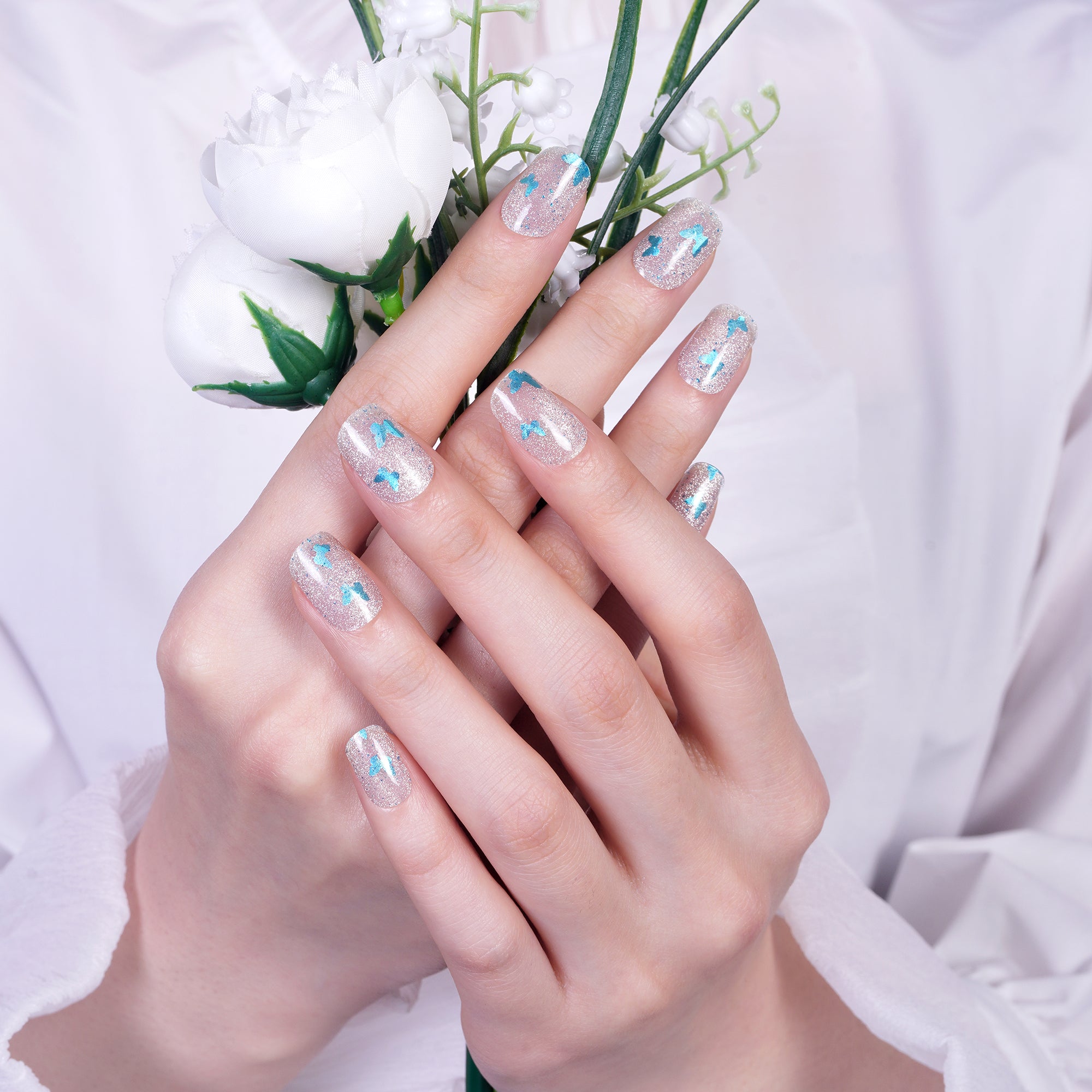 Shimmering Butterfly Pink Gel Nail Strips with Luminous Sparkle Finish | Glowing Flutter-2898