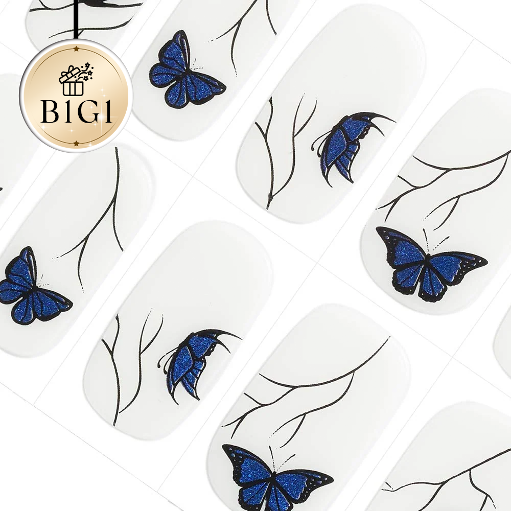 Blue Blossom Elegance Semi Cured Gel Nail Strips | Butterflies - 3533