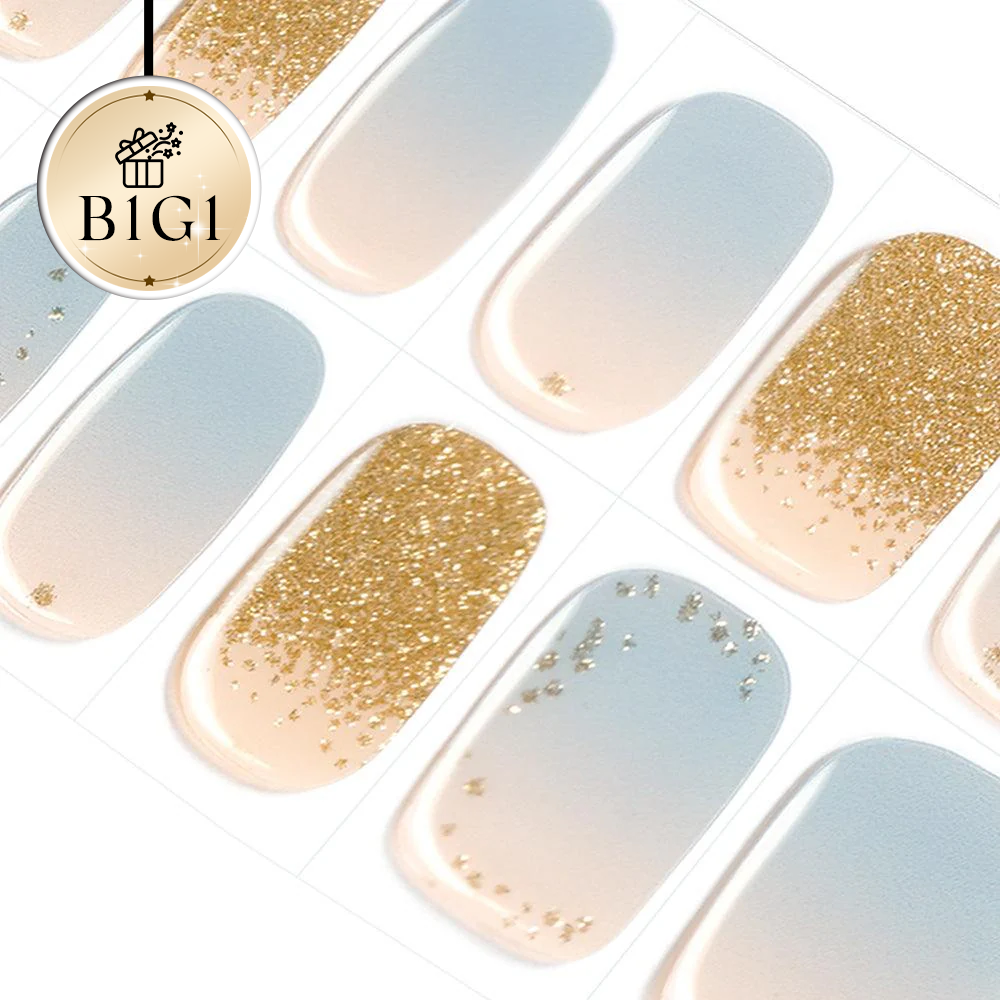 Blue Ombre with Baby Pink & Gel Nail Sticker Set, with gold glitters | Oceanic Shimmer - 3591 | Danni & Toni 