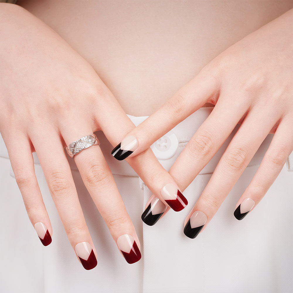 Burgandy & Black French Tip Semi Cured gel nail strips | Éclatant Romance - 2399