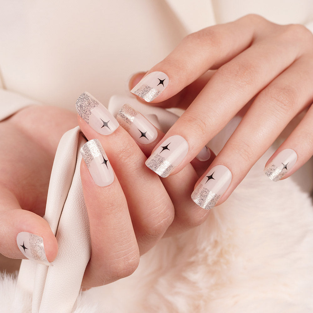 Starry Glamour French Tip Semi Cured gel nail strips with Silver Glitter | Starry Serenade  - 2427