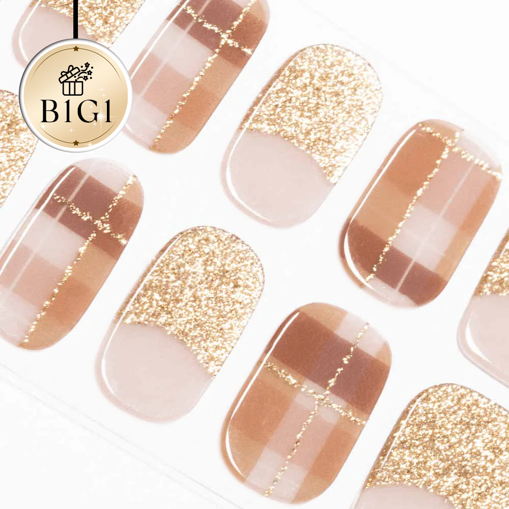 Elegant Rose Gold Stripe Semi Cured Gel Nail Strips | Gold Plaid - 5727
