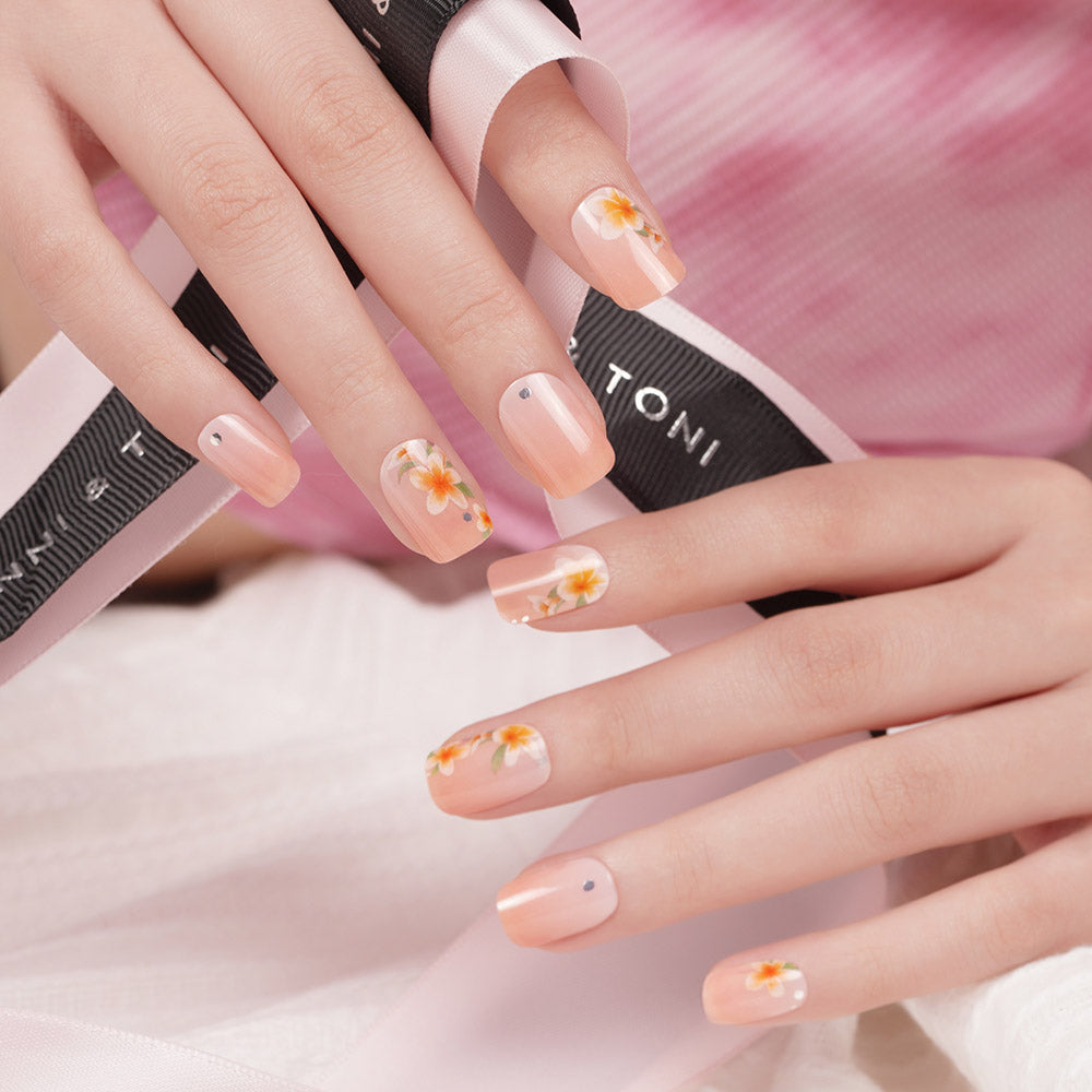 Blooming Peach Floral Semi Cured gel nail strips with Crystal Accents | Full Bloom - 2500