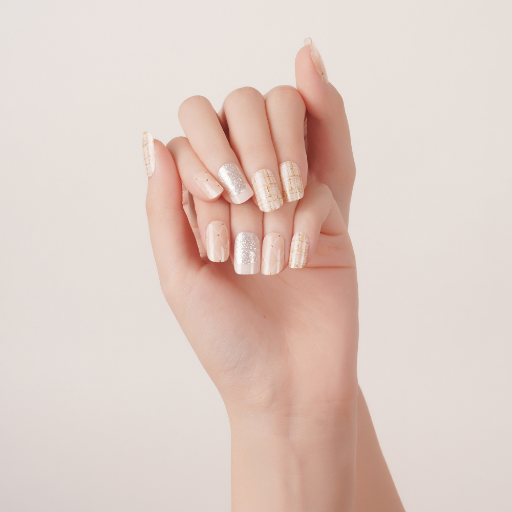 Cream Plaid Gel Nail Strips, with gold and silver design | Victorian Elegance | Danni & Toni