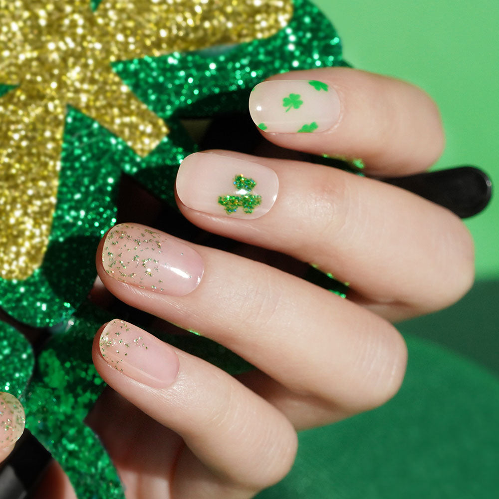 Lucky Charm Green Shamrock Semi Cured gel nail strips with Glitter Accents |Shamrock Chic - 2505