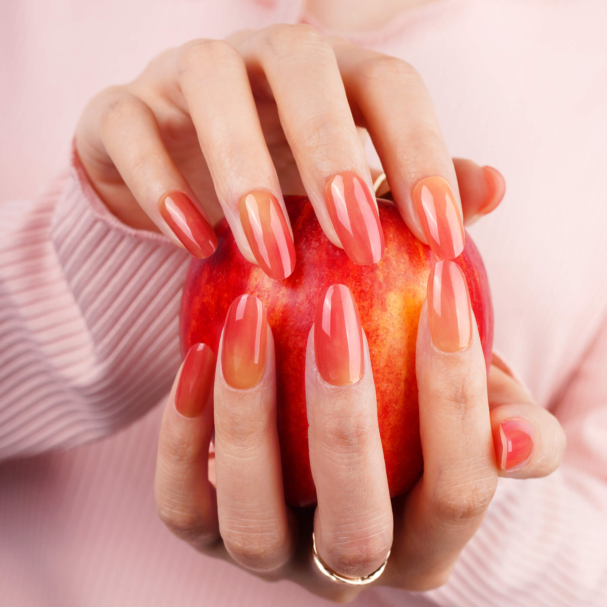 Red & Peach Cat-Eye Semi-Cured Gel Nail Strips | Apple Veil - 2715