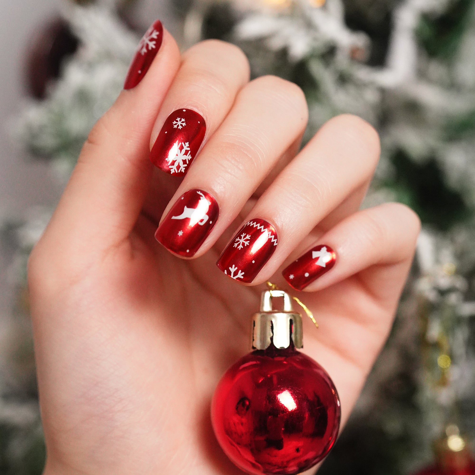 Festive Red Gel Nail Strips with White Christmas Designs | Arctic Noel-2842