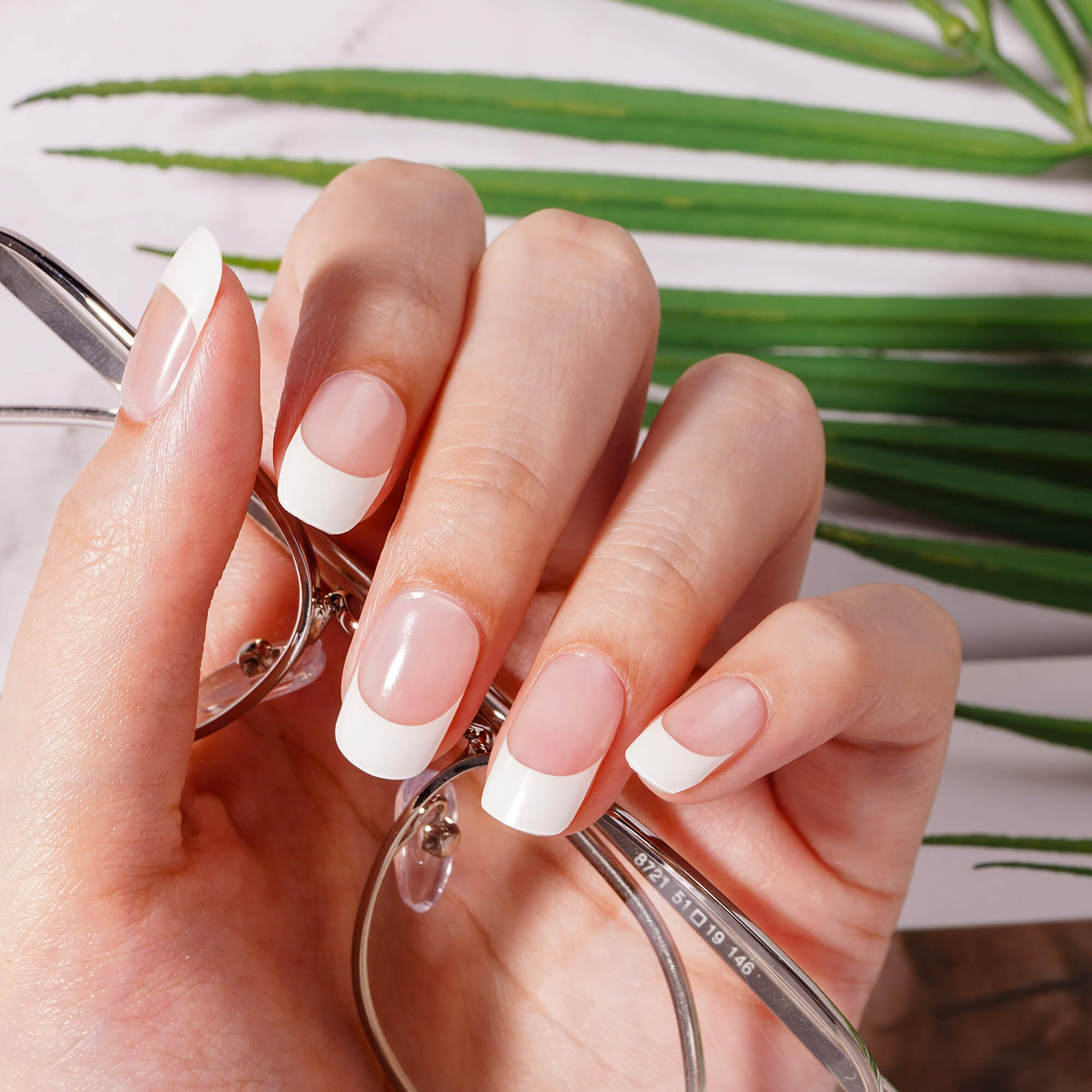 Classic French Tip Almond-Shaped Semi Cured gel nail strips | Crystal Frost - 2402