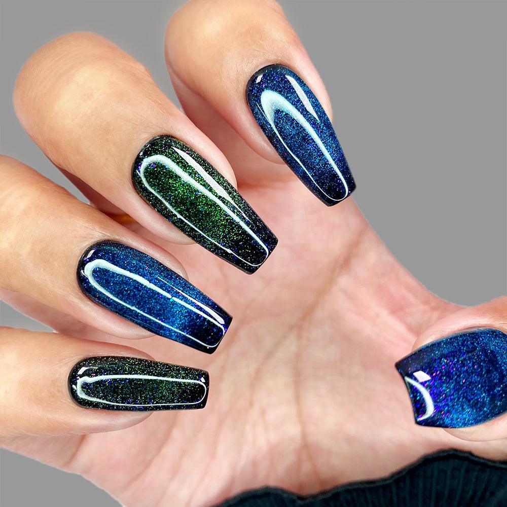 Blue and green cat eye nail, Aurora semi cured gel nail wraps | Oceanic Panther|Danni & Toni