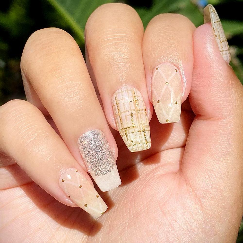 Cream Plaid Gel Nail Strips, with gold and silver design | Victorian Elegance | Danni & Toni