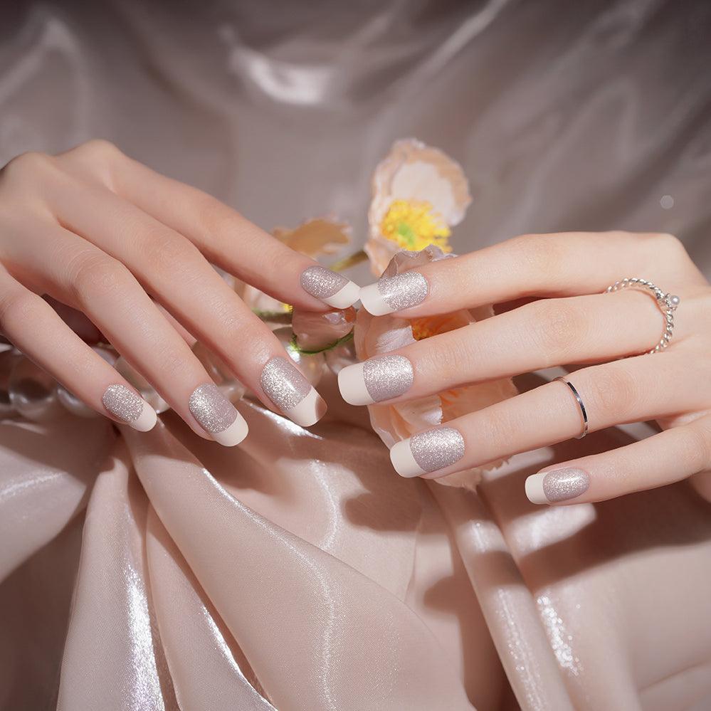 Nude pink glittering cat eye aurora French nails UV semi cured gel nail wraps | Champagne Kiss |  Danni & Toni