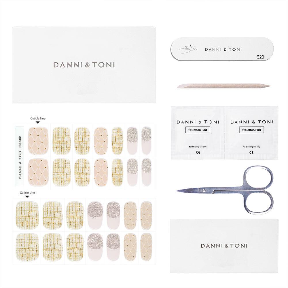 Cream Plaid Gel Nail Strips, with gold and silver design | Victorian Elegance | Danni & Toni
