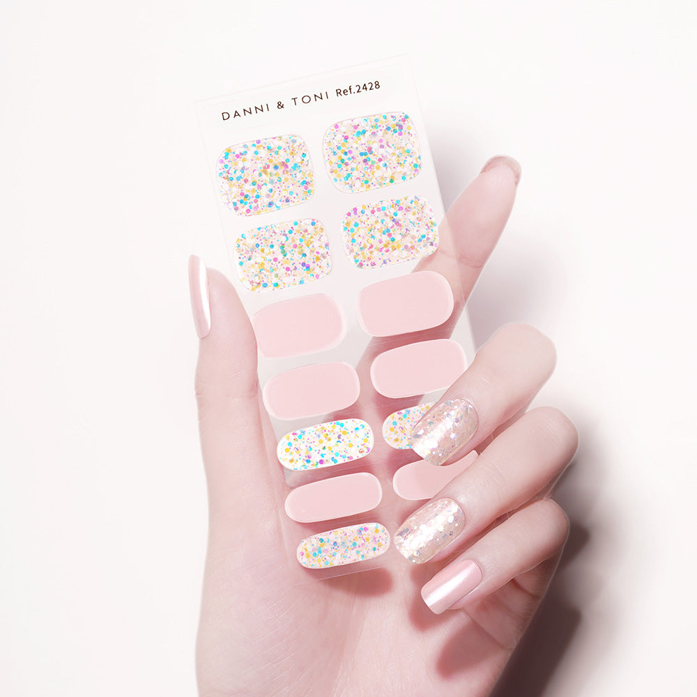 Soft Pink Pearl & Glitter Semi Cured Gel Nail Strips | Diamond Rush - 2428