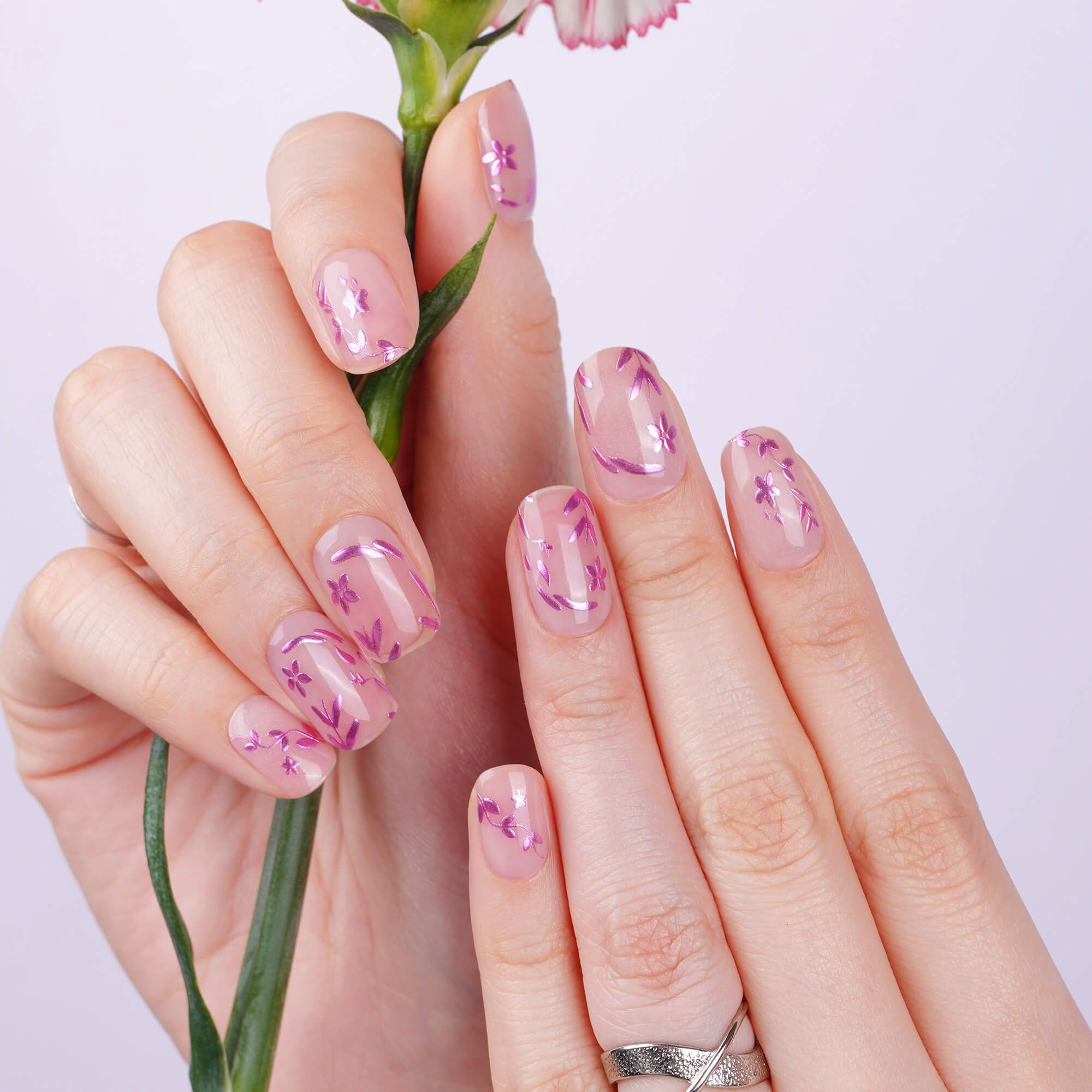 lavender plant nails Sheer Lavender with Metallic Flower Semi-Cured Gel Nail Strips | Lavender Chrome