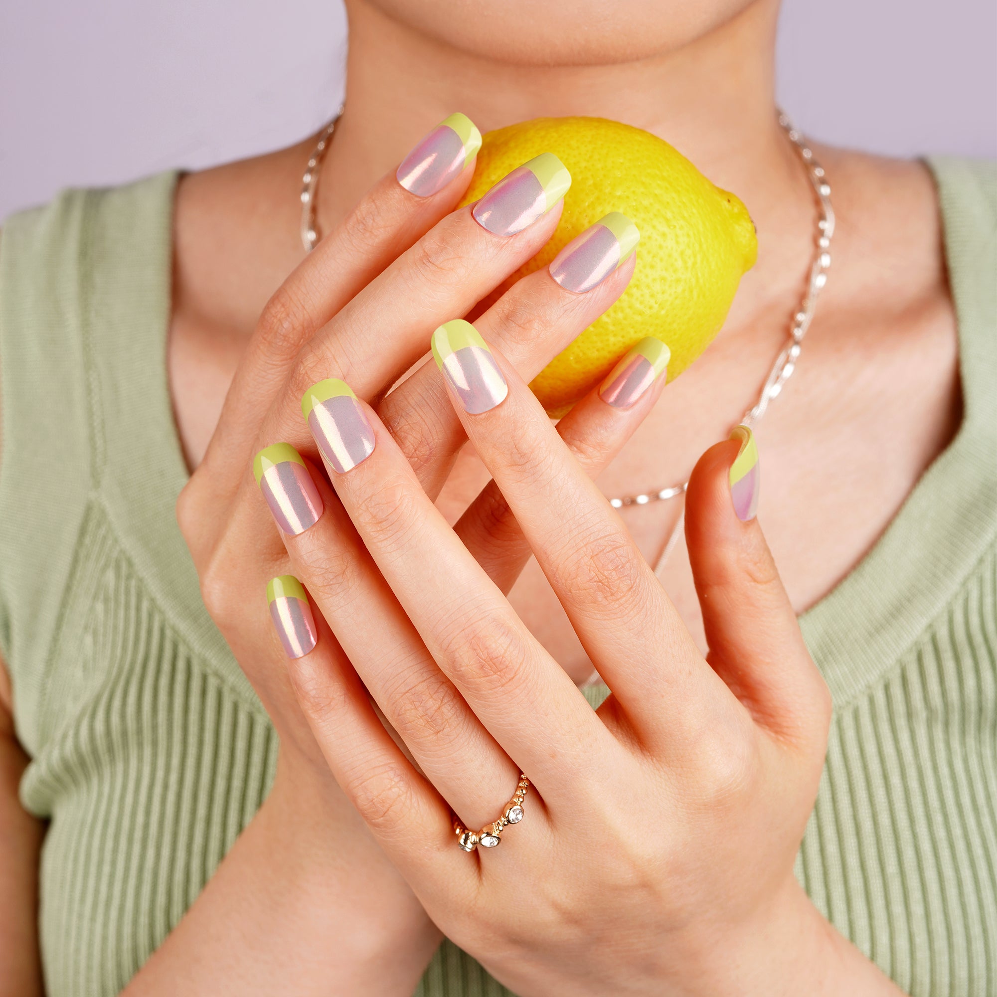 Chrome Silver Tips with Neon Green Glow Gel Nails Strips | Neon Petal - 2737