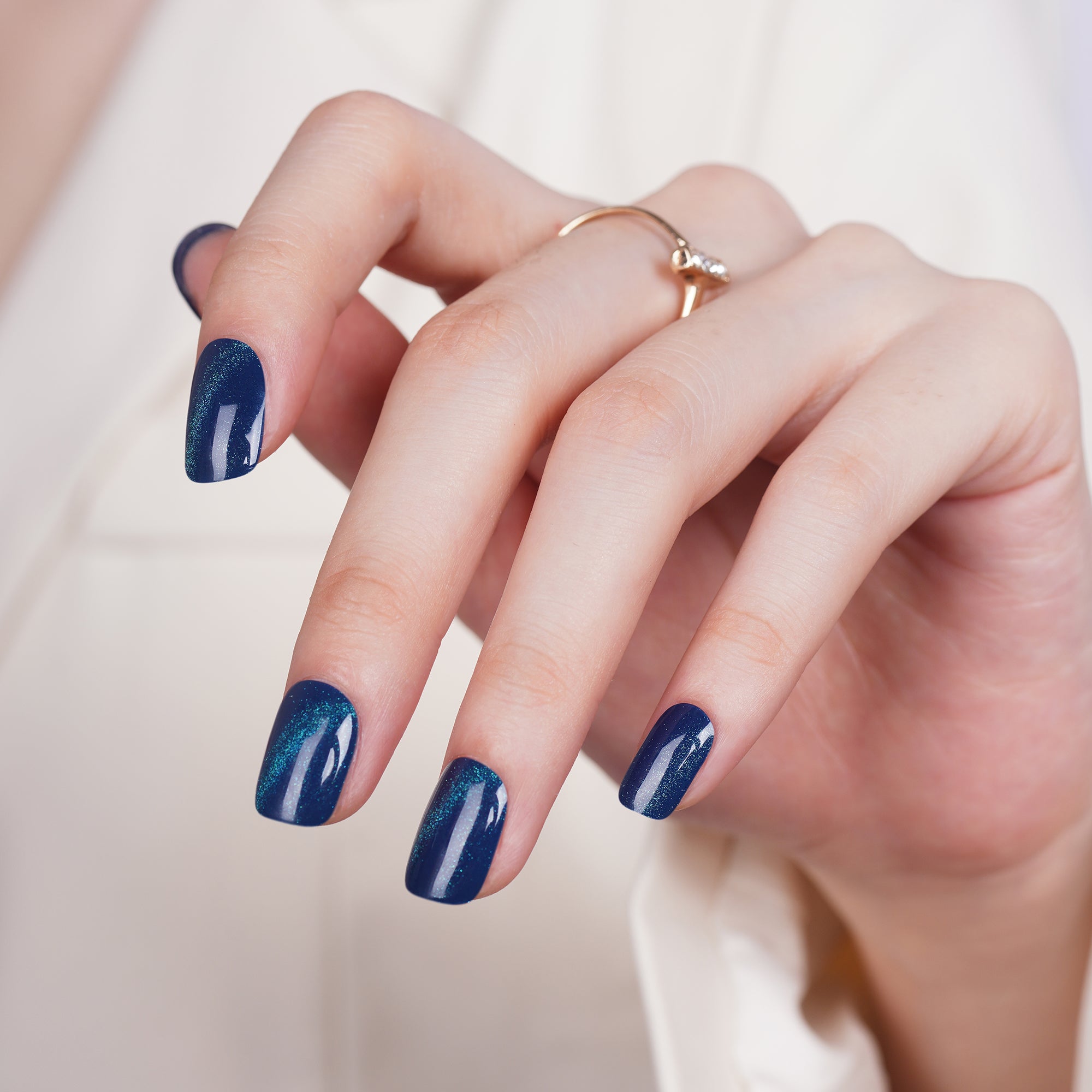 Deep Navy Blue Gel Nail Strips with Subtle Shimmer and Modern Elegance | Abyssal Glint-2833