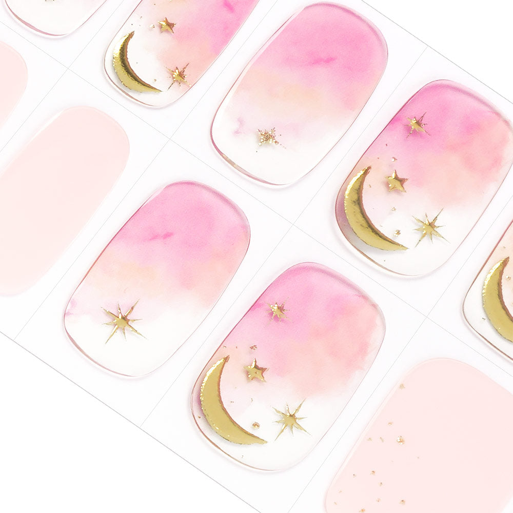Pink White Semi-Transparent Nails with Golden Stars Deco Gel Nail Strips | Star-Filled Sky | Danni & Toni