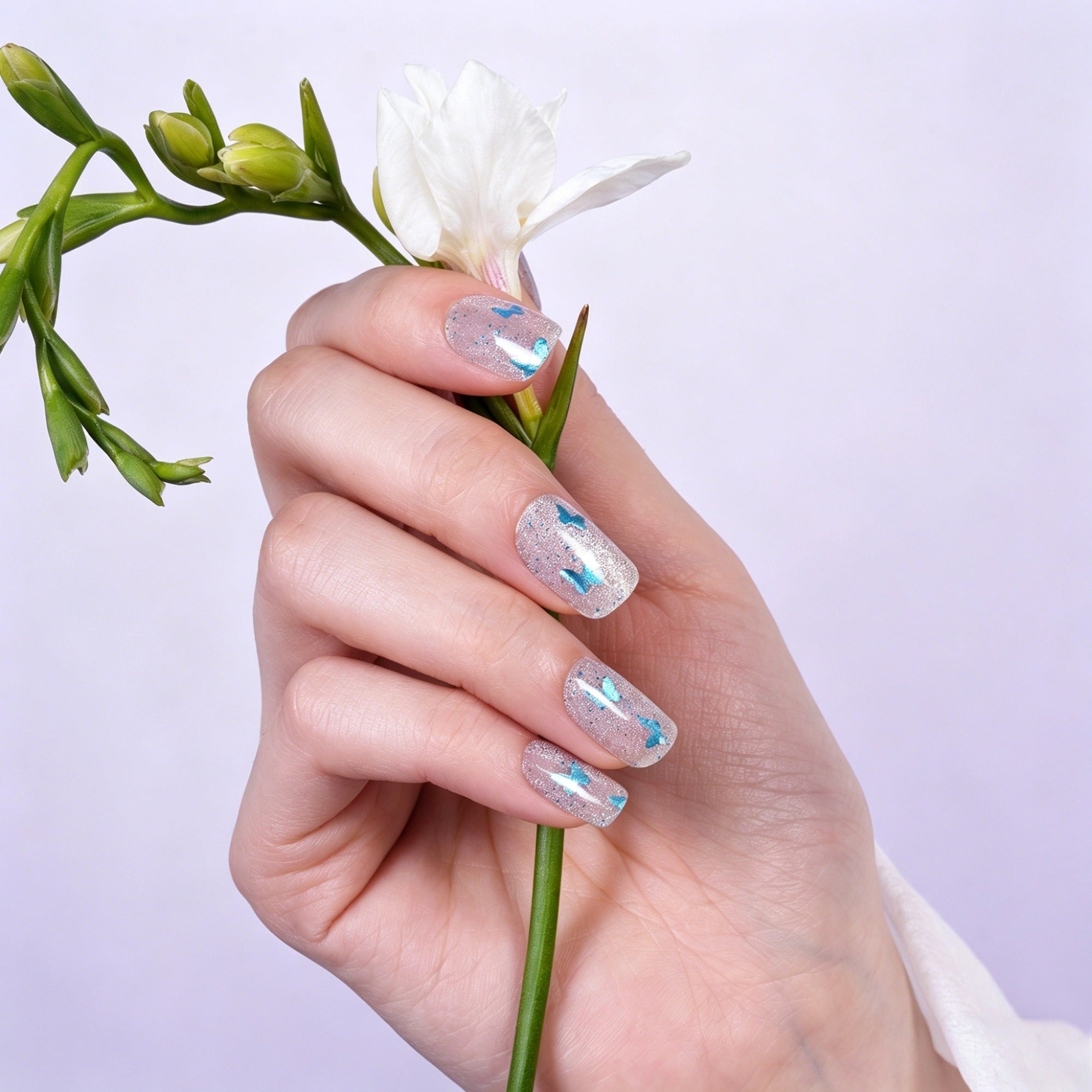Shimmering Butterfly Pink Gel Nail Strips with Luminous Sparkle Finish | Glowing Flutter-2898