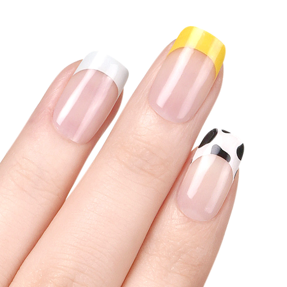 Chic Playful French Tip Semi-Cured Nail Strips with Cow Print Accent | Cosmic Mosaic - 2478