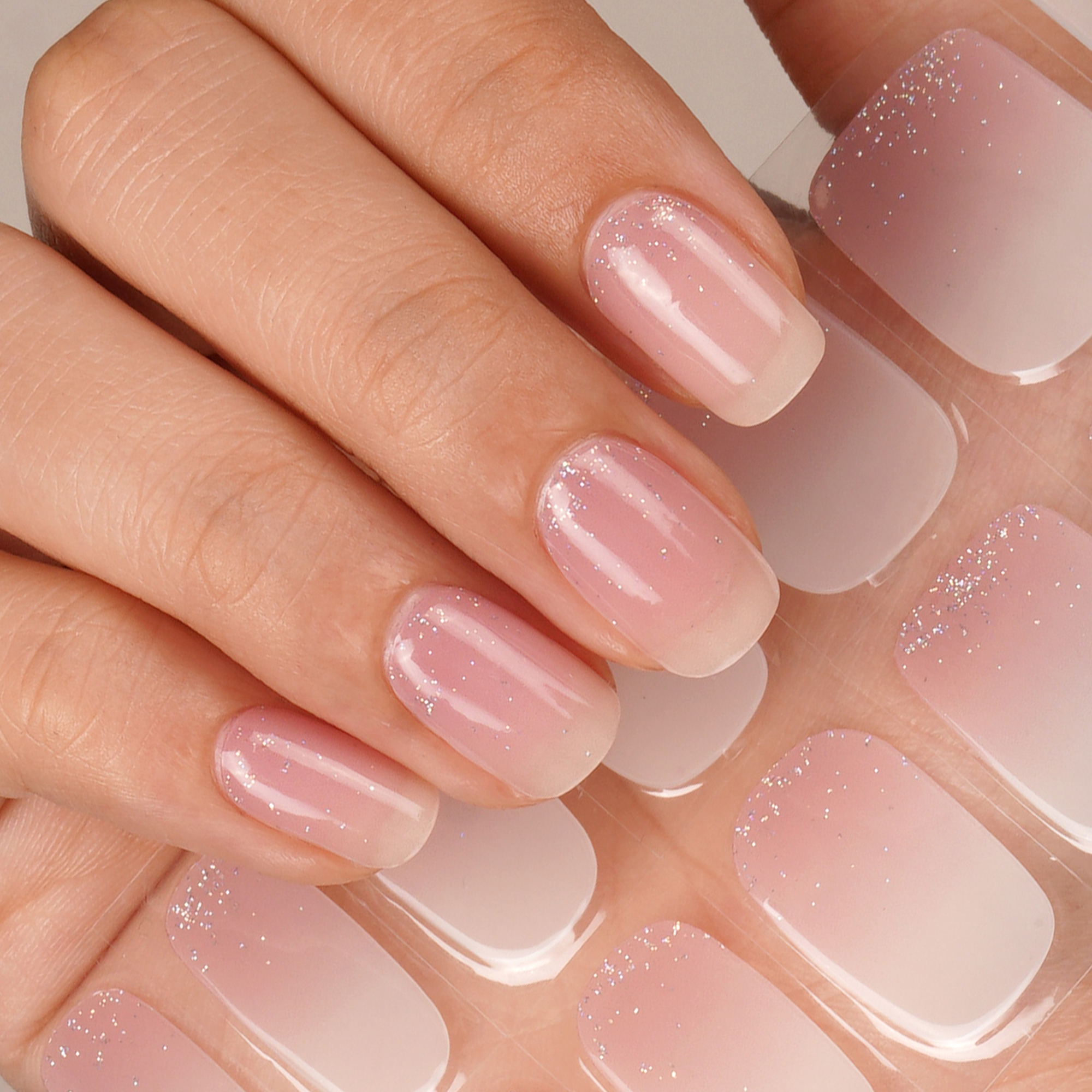 Soft Pink Ombre Glitter Semi Cured Gel Nail Strips | Mystery Veil - 2506