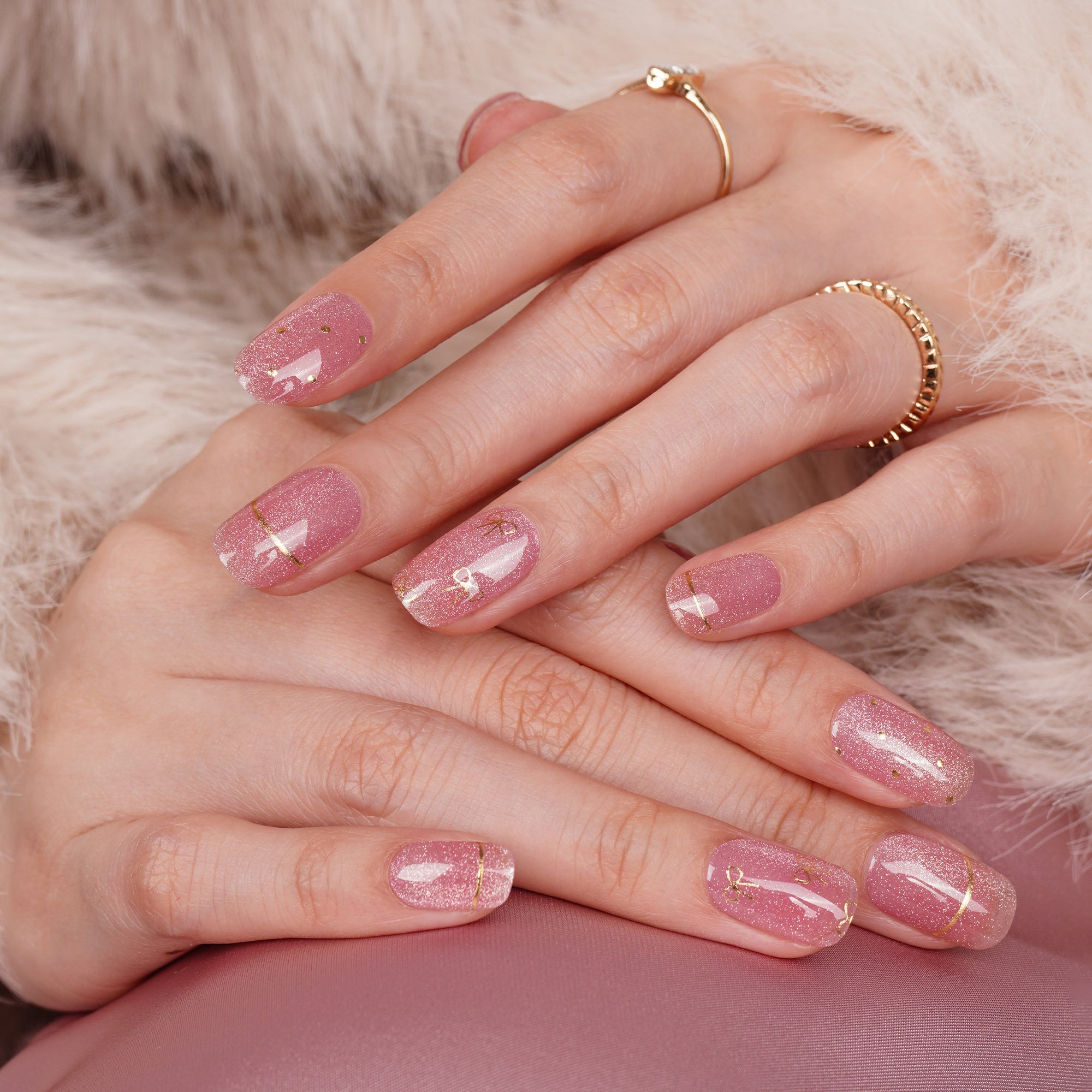 Elegant Pink Glitter Semi Cured Gel Nail Strips with Gold Accents | Royal Charm - 2635 Elegant Pink Glitter Semi Cured Gel Nail Strips with Gold Accents | Royal Charm - 2635