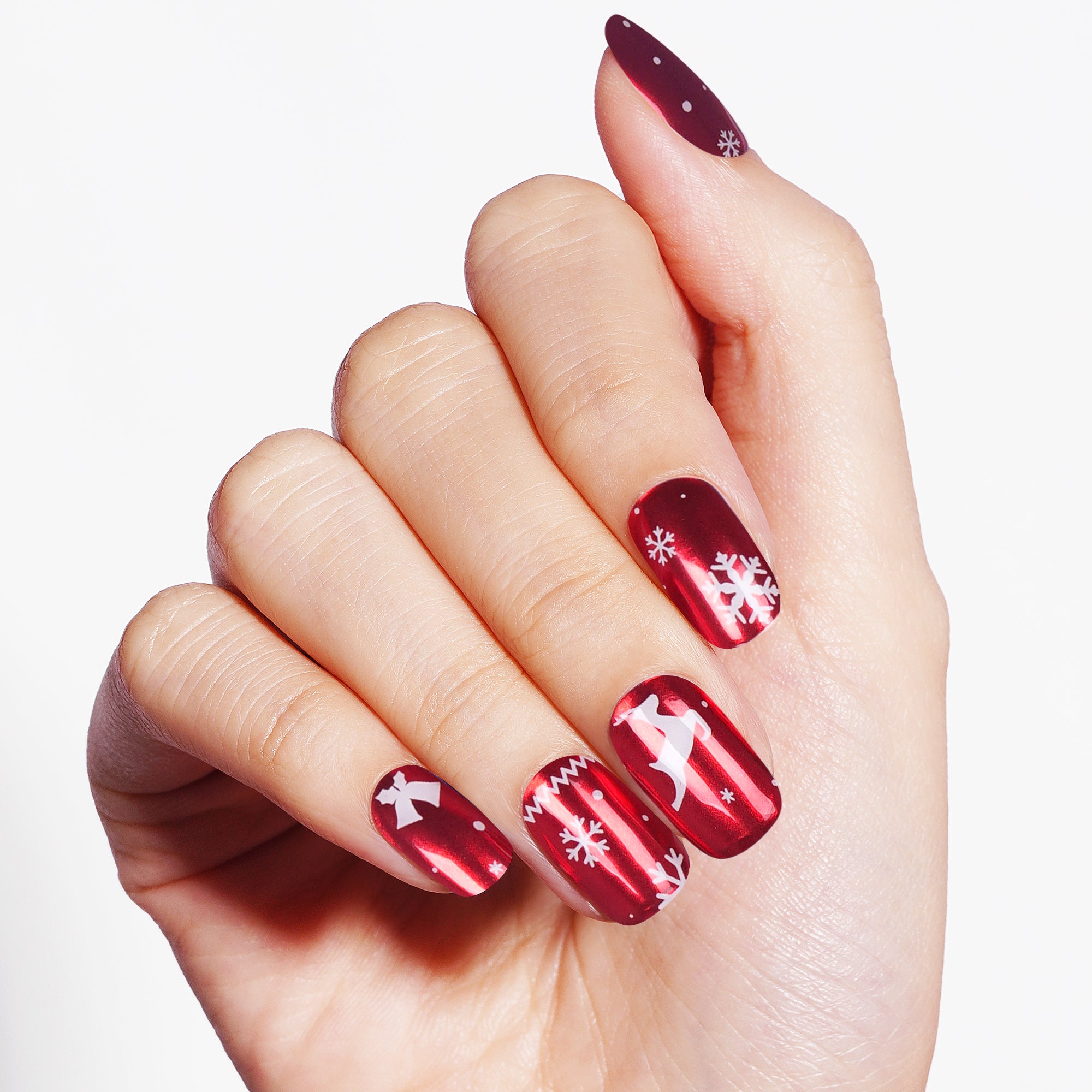 Festive Red Gel Nail Strips with White Christmas Designs | Arctic Noel