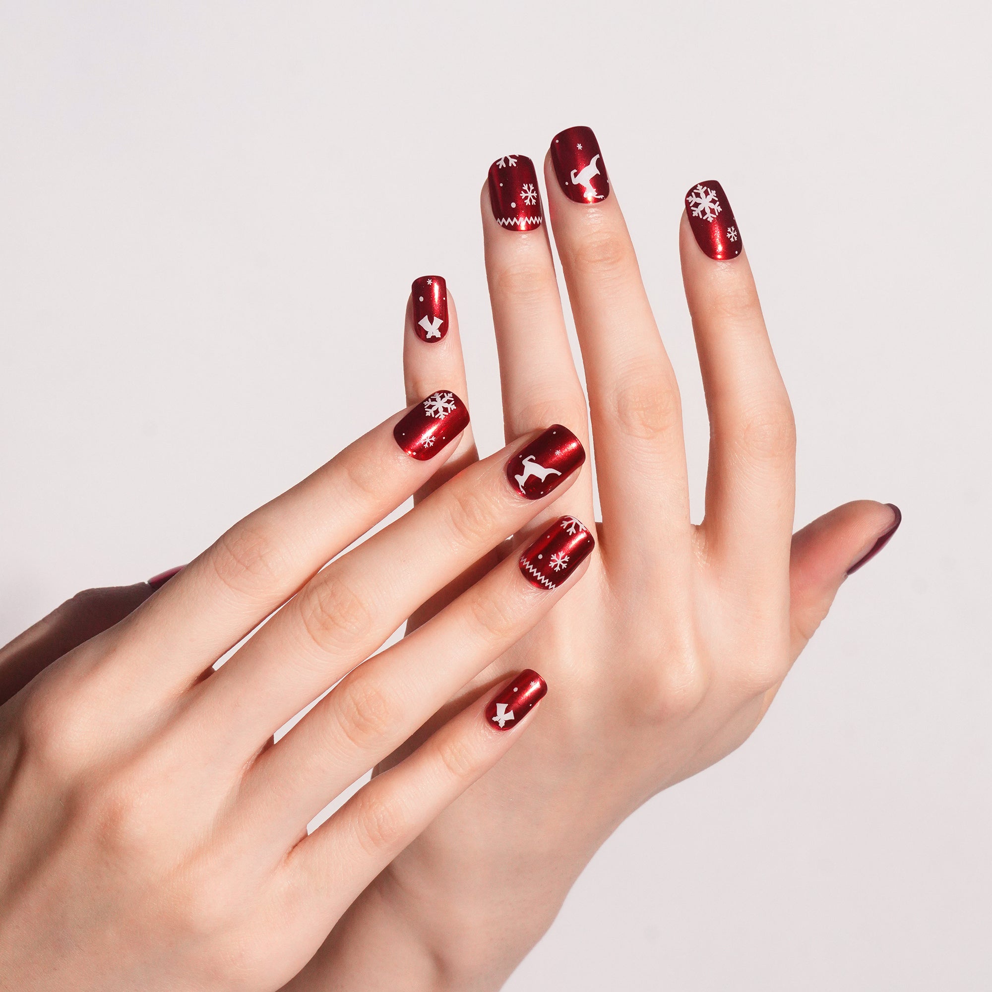 Festive Red Gel Nail Strips with White Christmas Designs | Arctic Noel-2842