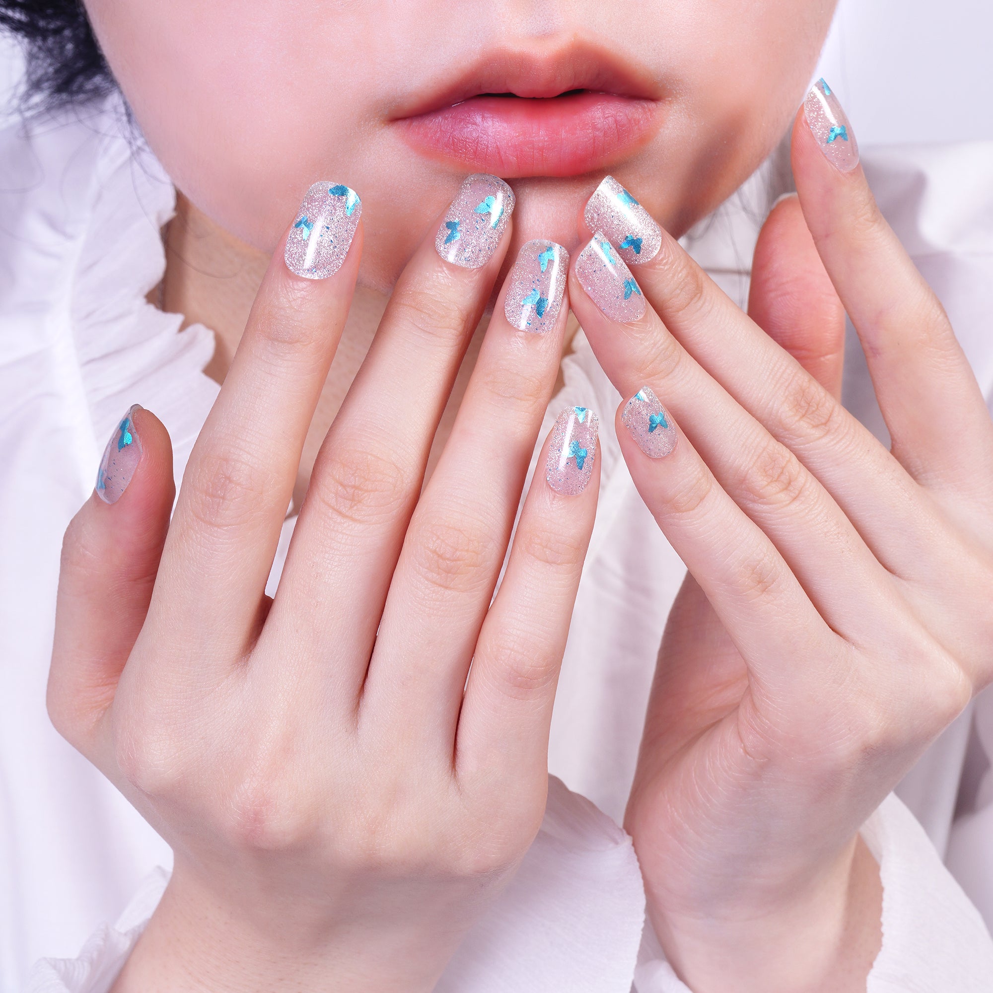 Shimmering Butterfly Pink Gel Nail Strips with Luminous Sparkle Finish | Glowing Flutter-2898
