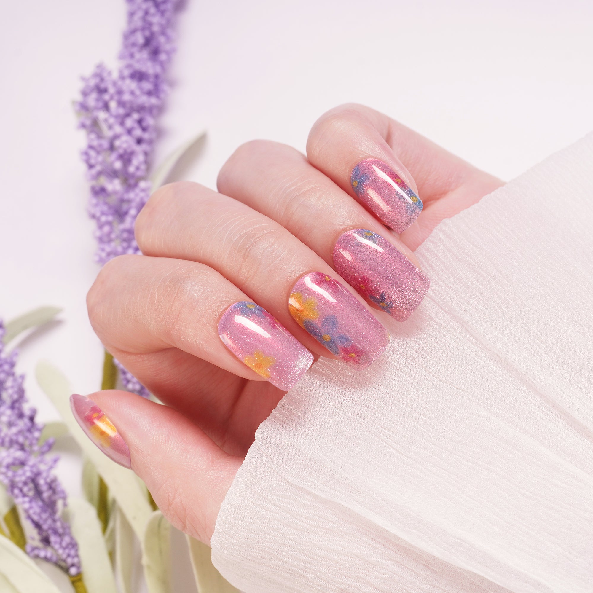 Enchanting Floral Pink Gel Nail Strips with Fairy Shimmer Glow | Fairy Bloom-2899