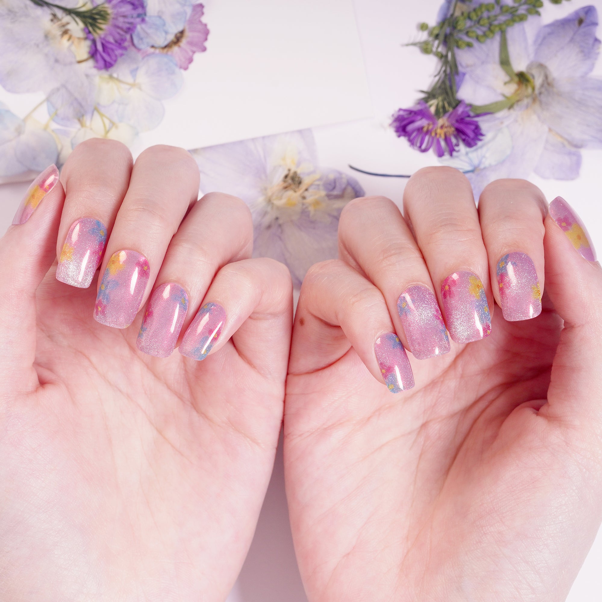 Enchanting Floral Pink Gel Nail Strips with Fairy Shimmer Glow | Fairy Bloom-2899