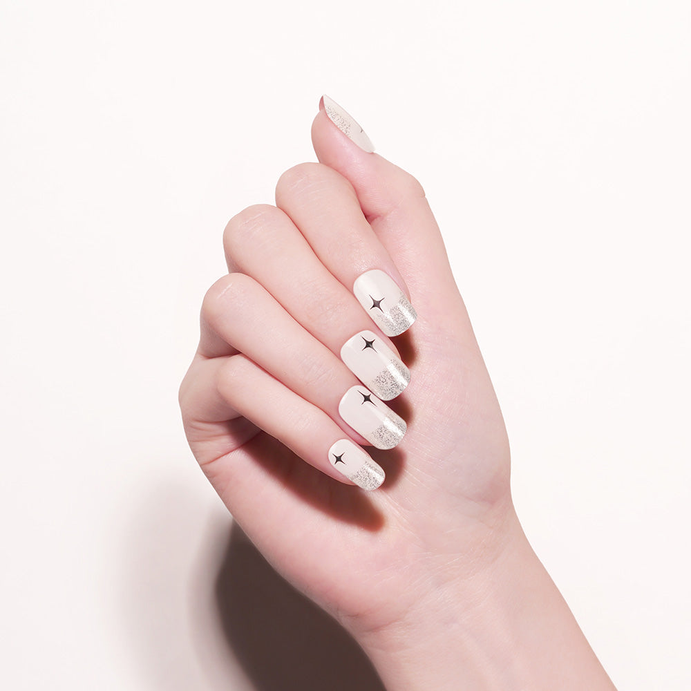Starry Glamour French Tip Semi Cured gel nail strips with Silver Glitter | Starry Serenade  - 2427