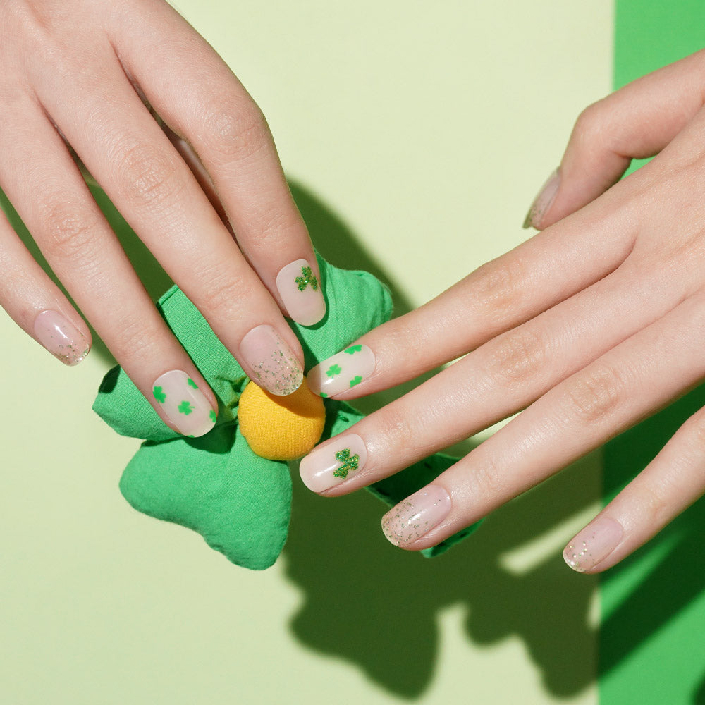 Lucky Charm Green Shamrock Semi Cured gel nail strips with Glitter Accents |Shamrock Chic - 2505