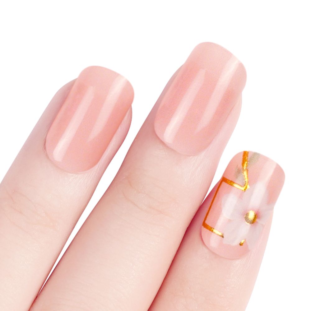 Elegant Peach Sheer Semi Cured gel nail strips with Gold Foil Accents | Flourish - 2463