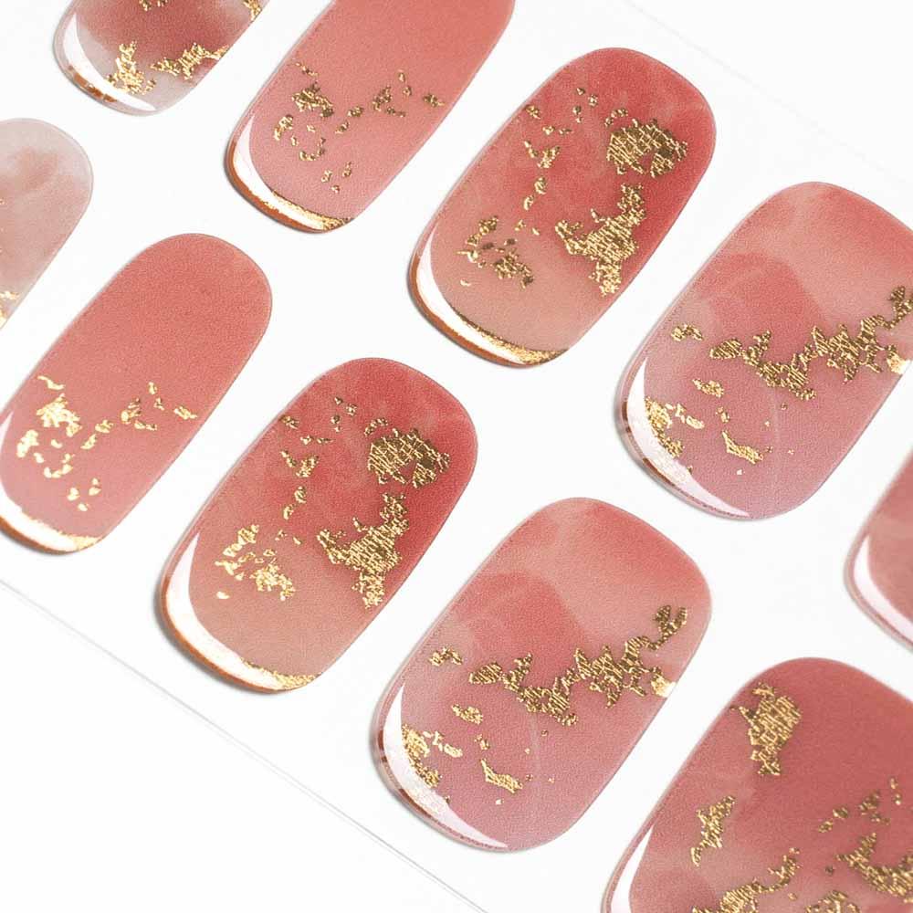 Golden Blush Marble Semi Cured Gel Nail Strips with Gold Leaf Accents | Metallic Sands - 9672