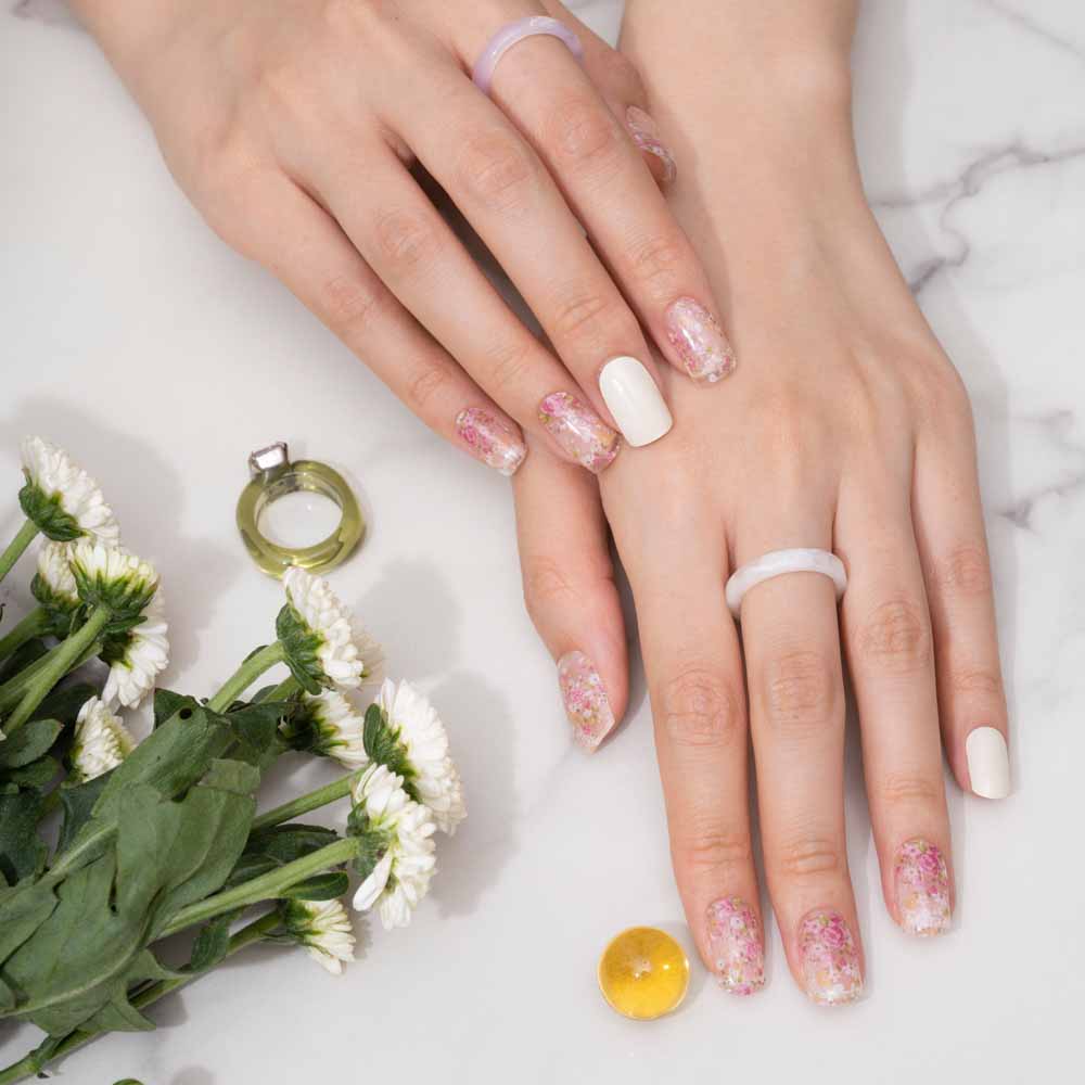Chic Glitter Confetti and Solid White Semi Cured Gel Nail Strips | Blooming - 6309
