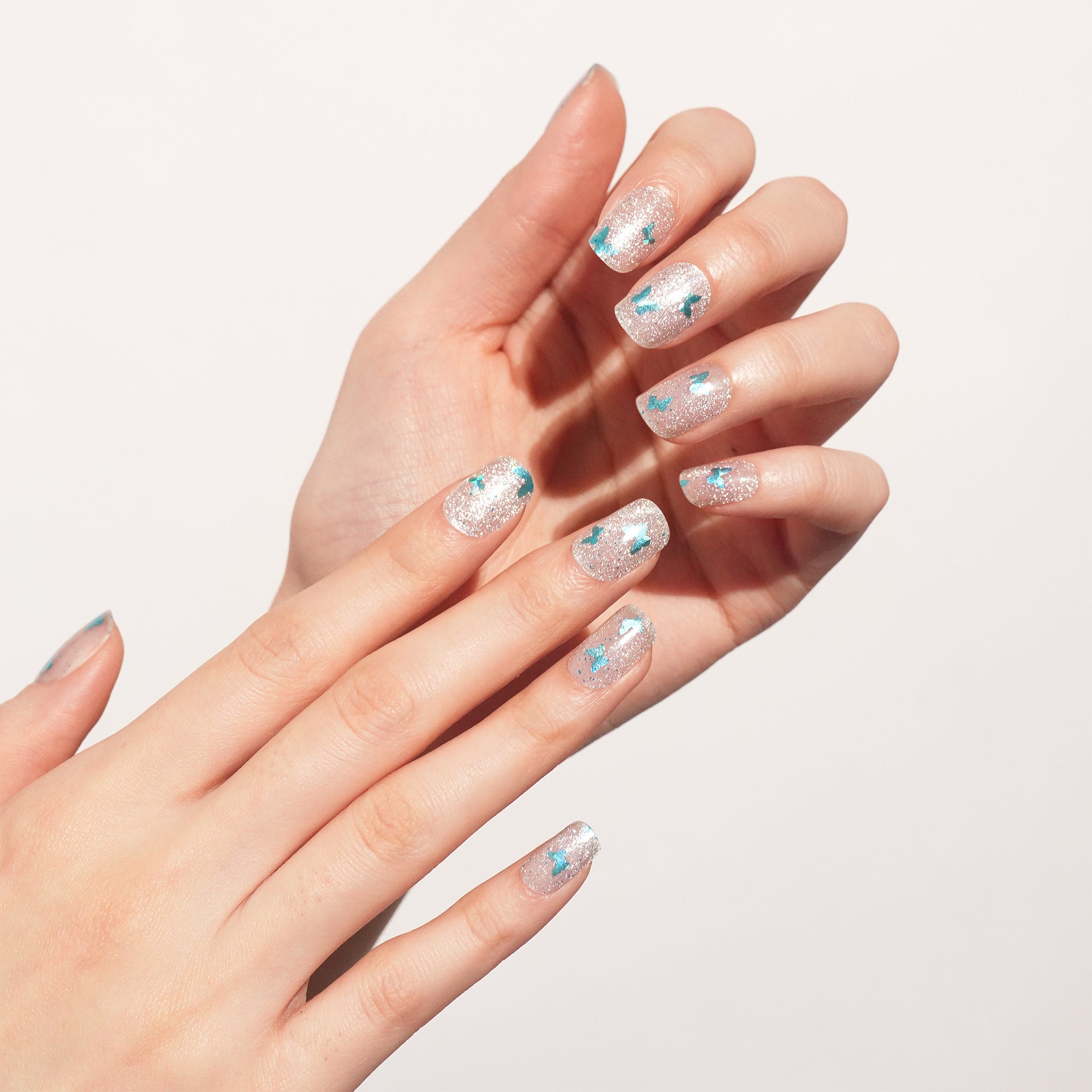 Shimmering Butterfly Pink Gel Nail Strips with Luminous Sparkle Finish | Glowing Flutter-2898