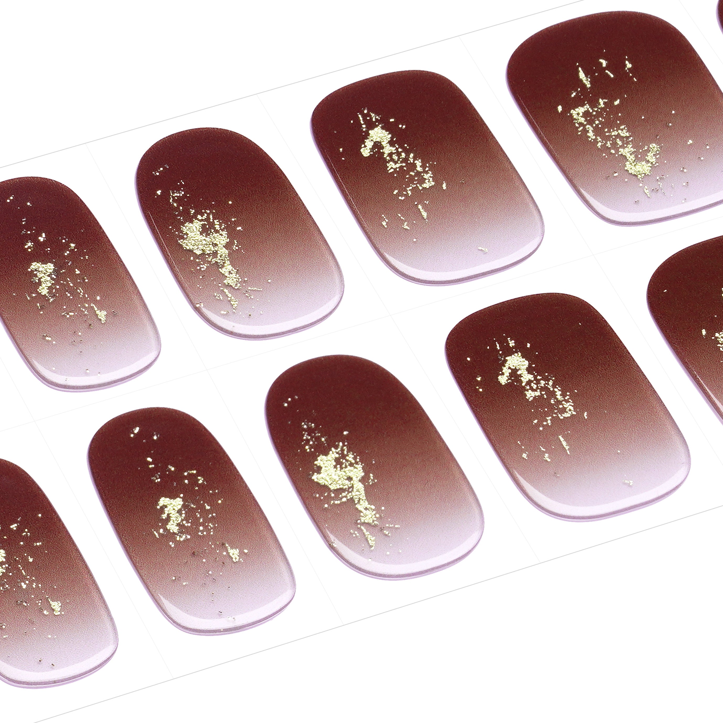 Warm Red-Brown Gel Nail Strips with Shimmering Gold Accents | Golden Ember-2844