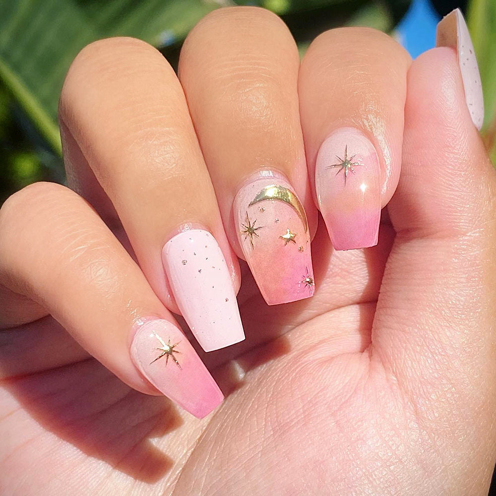 Pink White Semi-Transparent Nails with Golden Stars Deco Gel Nail Strips | Star-Filled Sky | Danni & Toni