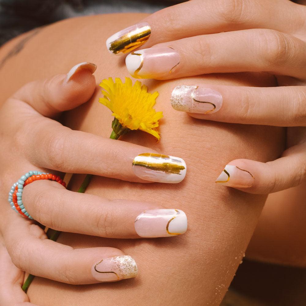 Translucent Gel Nail Strip Set with Yellow Gold Beach Design | Watercolor Beaches | Danni & Toni Nails