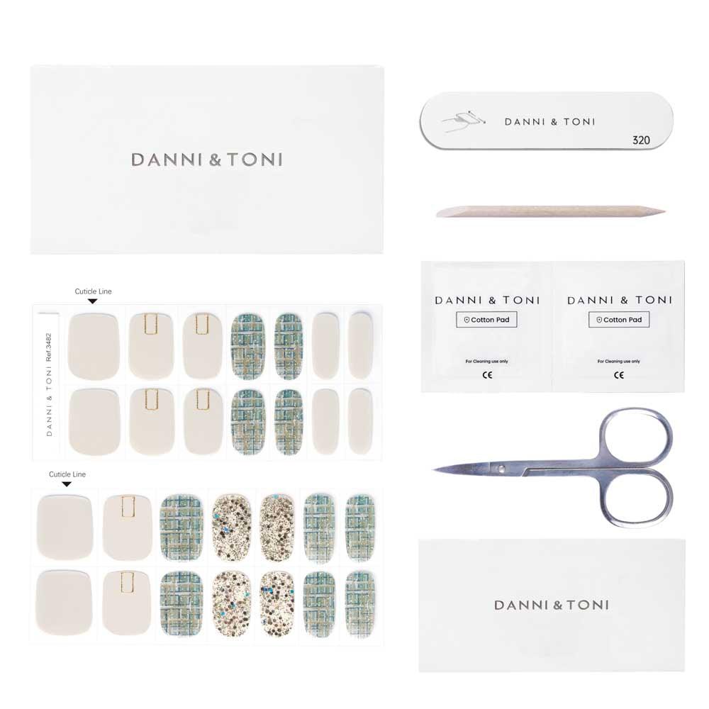 White & Blue Stripe Plaid Pattern & Golden Line & Sliver Gel Nail Strip |Woven Elegance | Danni & Toni