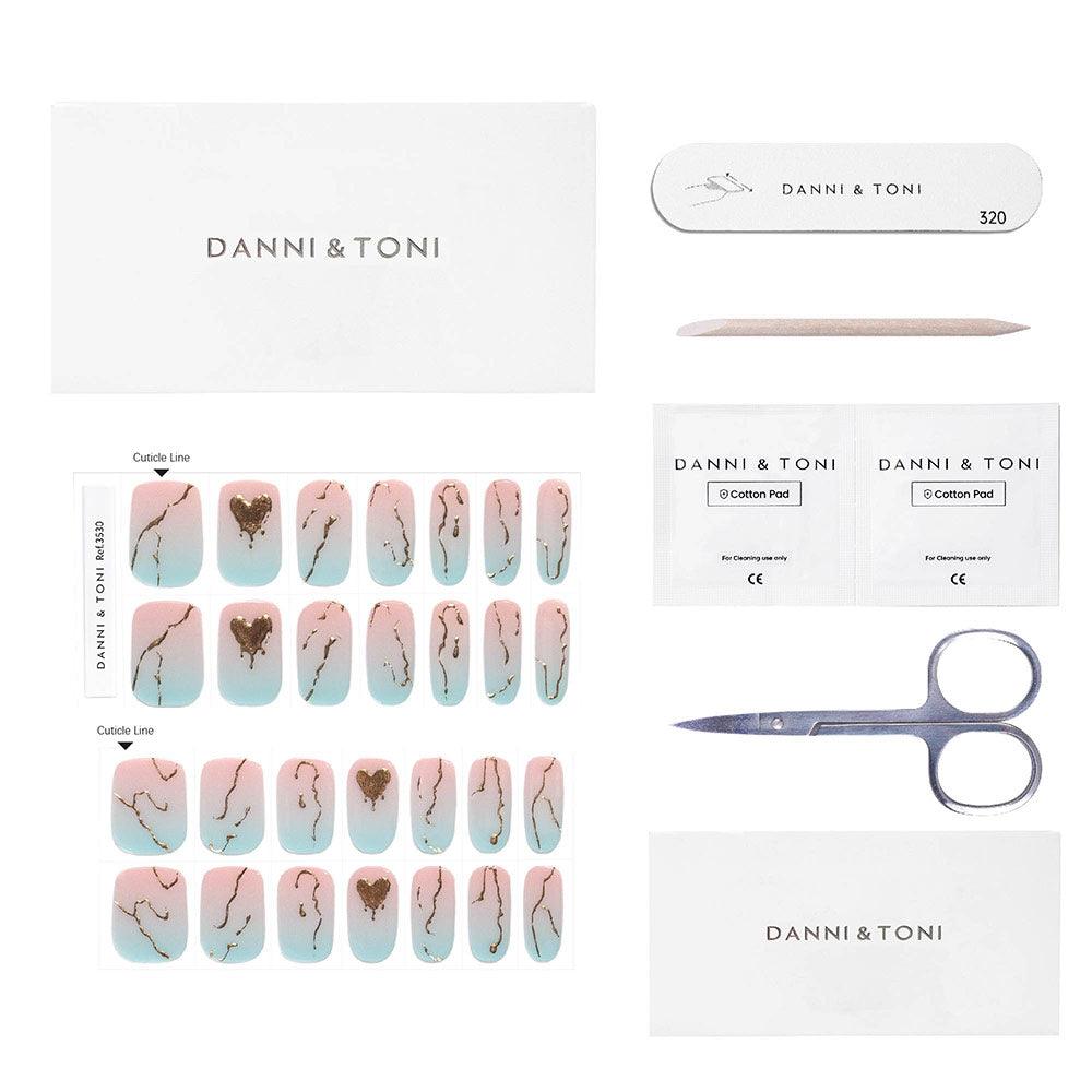 Pink, Blue Ombre with gold foil Gel Nail Strips | Aphrodite | Danni & Toni
